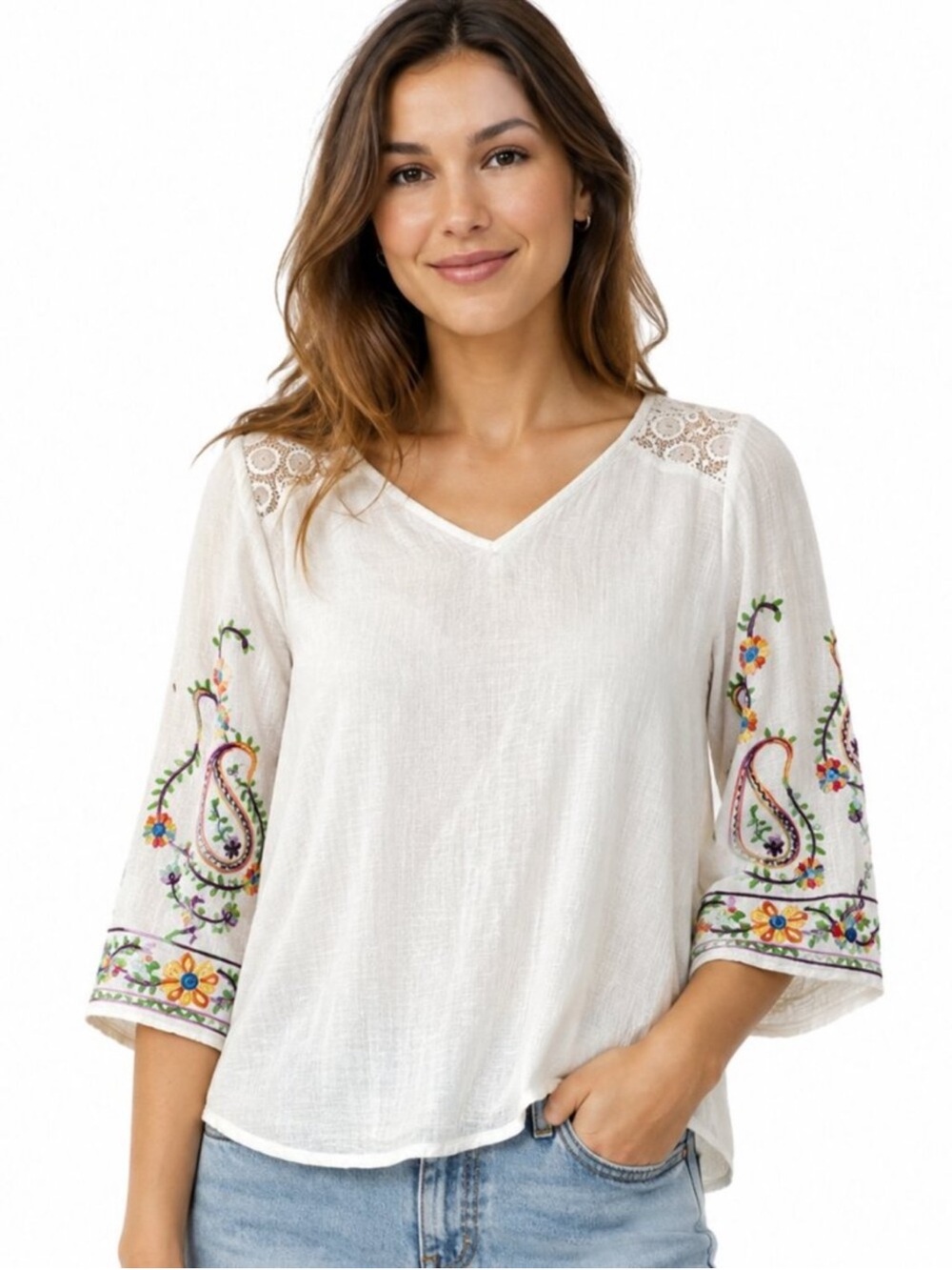 Fig and Flower White Embroidered Paisley Bell Sleeve Boho Top 1X